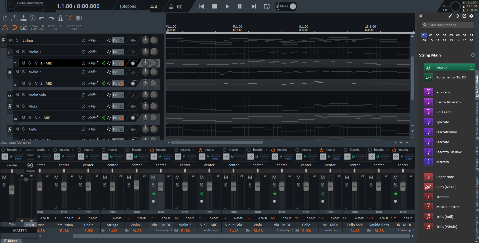 Reaper interface with MIDI orchestral string music